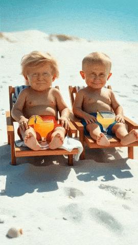 Trump Putin and Macron on beach as children