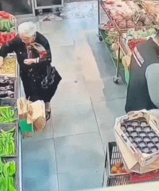 Grandmother at market and seller