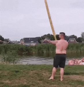 Jump in water and excavator